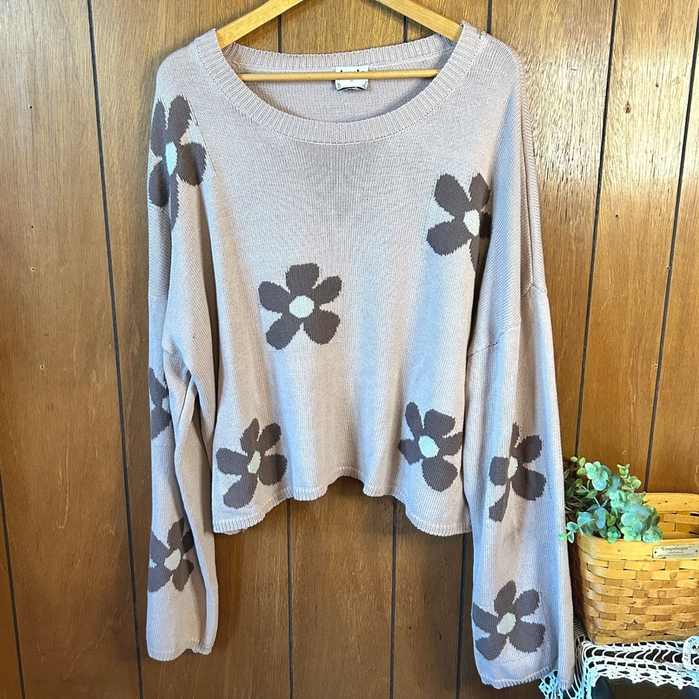 Arula Pink Brown Floral Print‎ Cropped Long Sleeve Knit Sweater Top Retro Hippie